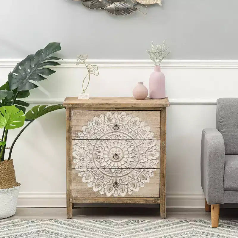 LuxenHome Commode d'appoint 3 tiroirs 71,6 cm (H) x 64 cm (l) en bois naturel avec motifs floraux blancs. Marron