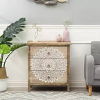 LuxenHome Commode d'appoint 3 tiroirs 71,6 cm (H) x 64 cm (l) en bois naturel avec motifs floraux blancs. Marron