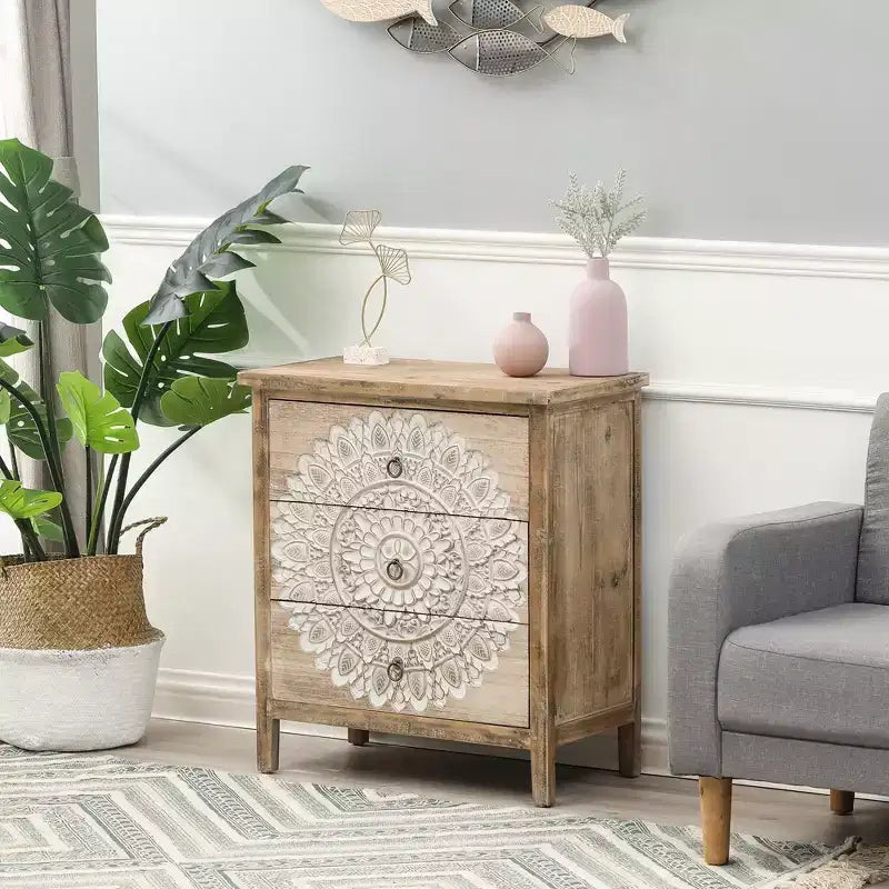 LuxenHome Commode d'appoint 3 tiroirs 71,6 cm (H) x 64 cm (l) en bois naturel avec motifs floraux blancs. Marron