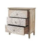 LuxenHome Commode d'appoint 3 tiroirs 71,6 cm (H) x 64 cm (l) en bois naturel avec motifs floraux blancs. Marron