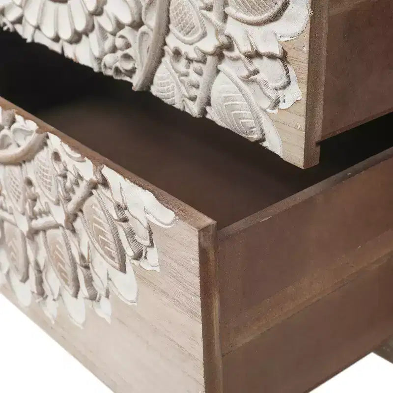 LuxenHome Commode d'appoint 3 tiroirs 71,6 cm (H) x 64 cm (l) en bois naturel avec motifs floraux blancs. Marron