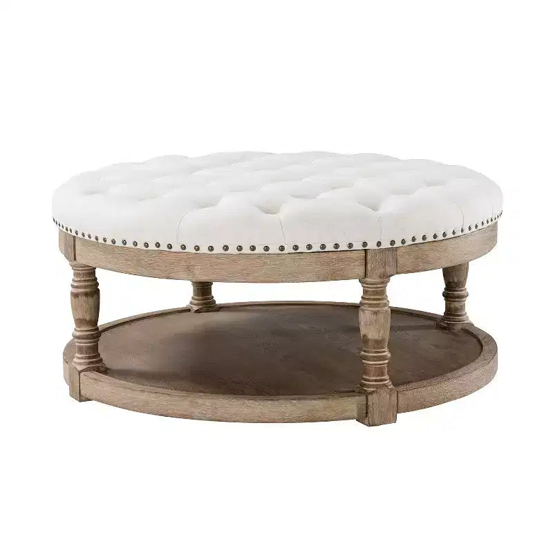 Illyria 36 Wide Transitional Tufted Round Cocktail Ottoman with Storage and Nailhead Trims for Bedroom and Living Room| ART OF LIVING DESIGNS