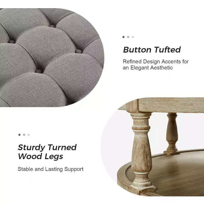 Pouf de cocktail rond touffeté transitionnel large Illyria 36 avec rangement et garnitures de clous pour chambre à coucher et salon | ART OF LIVING DESIGNS
