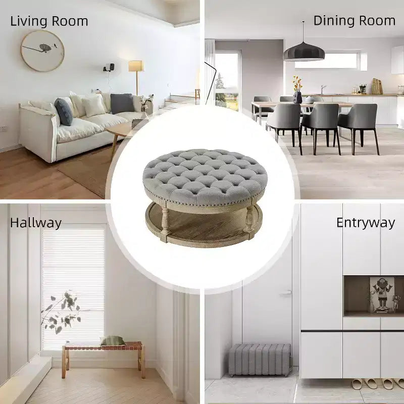 Pouf de cocktail rond touffeté transitionnel large Illyria 36 avec rangement et garnitures de clous pour chambre à coucher et salon | ART OF LIVING DESIGNS