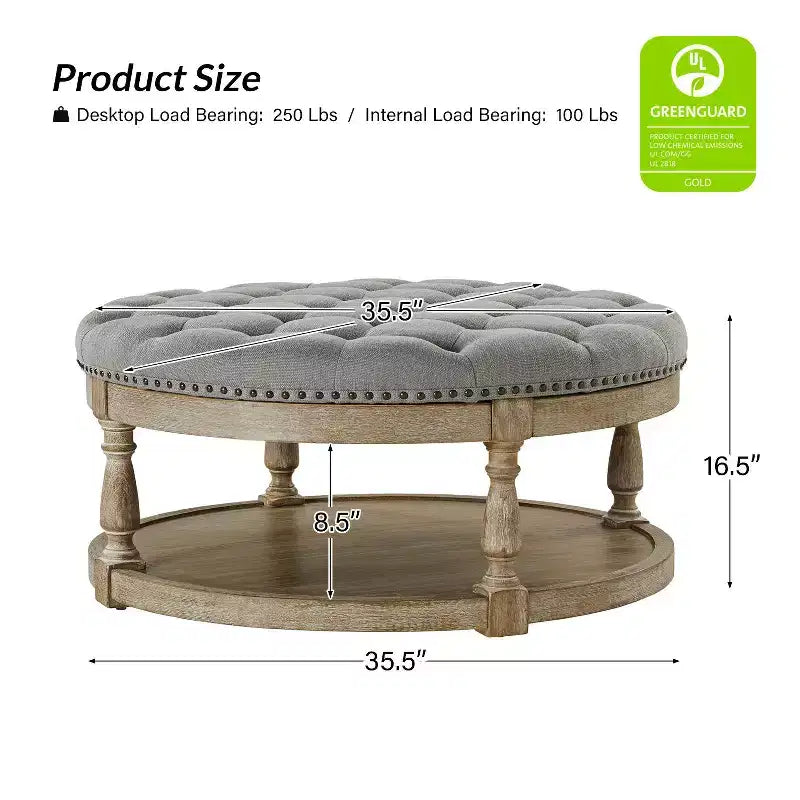 Pouf de cocktail rond touffeté transitionnel large Illyria 36 avec rangement et garnitures de clous pour chambre à coucher et salon | ART OF LIVING DESIGNS