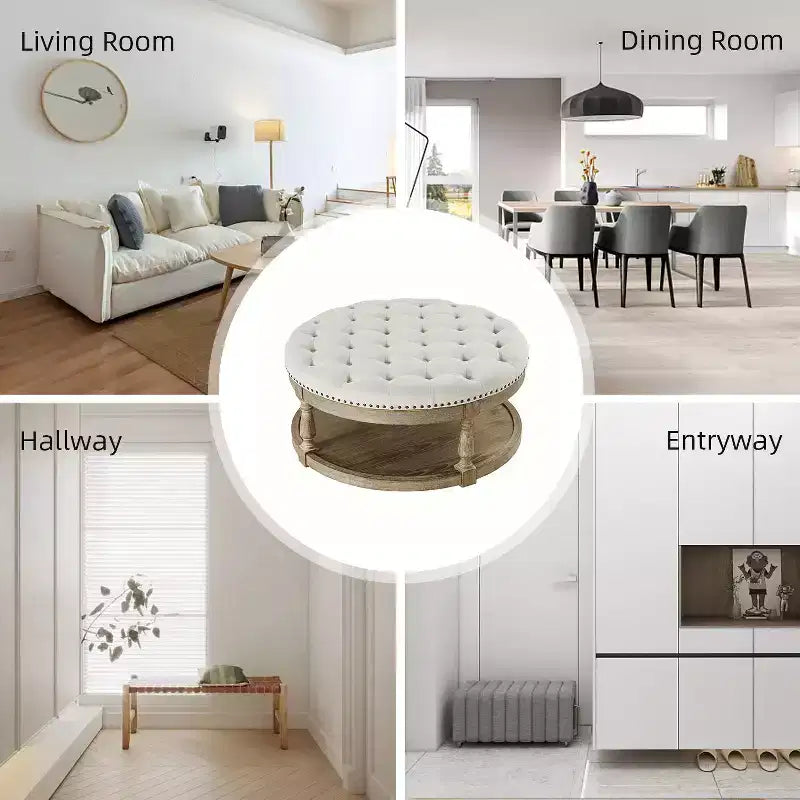 Pouf de cocktail rond touffeté transitionnel large Illyria 36 avec rangement et garnitures de clous pour chambre à coucher et salon | ART OF LIVING DESIGNS