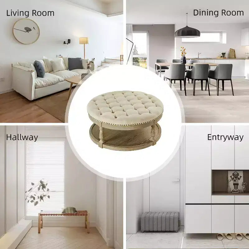 Pouf de cocktail rond touffeté transitionnel large Illyria 36 avec rangement et garnitures de clous pour chambre à coucher et salon | ART OF LIVING DESIGNS