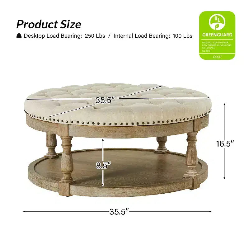 Pouf de cocktail rond touffeté transitionnel large Illyria 36 avec rangement et garnitures de clous pour chambre à coucher et salon | ART OF LIVING DESIGNS