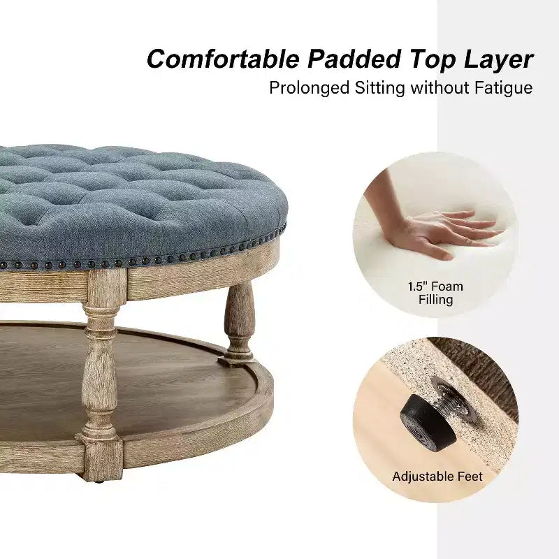 Pouf de cocktail rond touffeté transitionnel large Illyria 36 avec rangement et garnitures de clous pour chambre à coucher et salon | ART OF LIVING DESIGNS