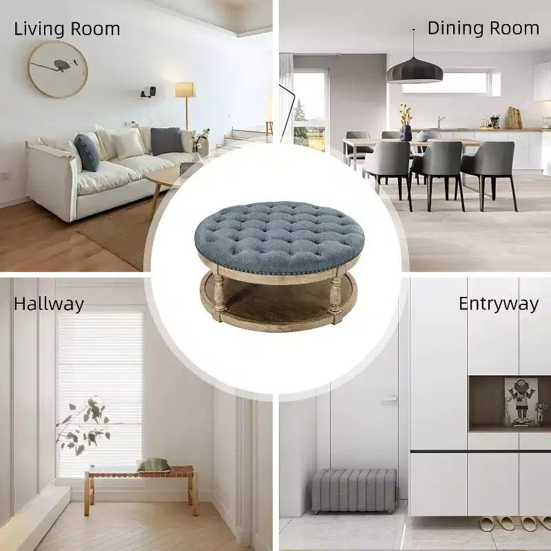 Pouf de cocktail rond touffeté transitionnel large Illyria 36 avec rangement et garnitures de clous pour chambre à coucher et salon | ART OF LIVING DESIGNS