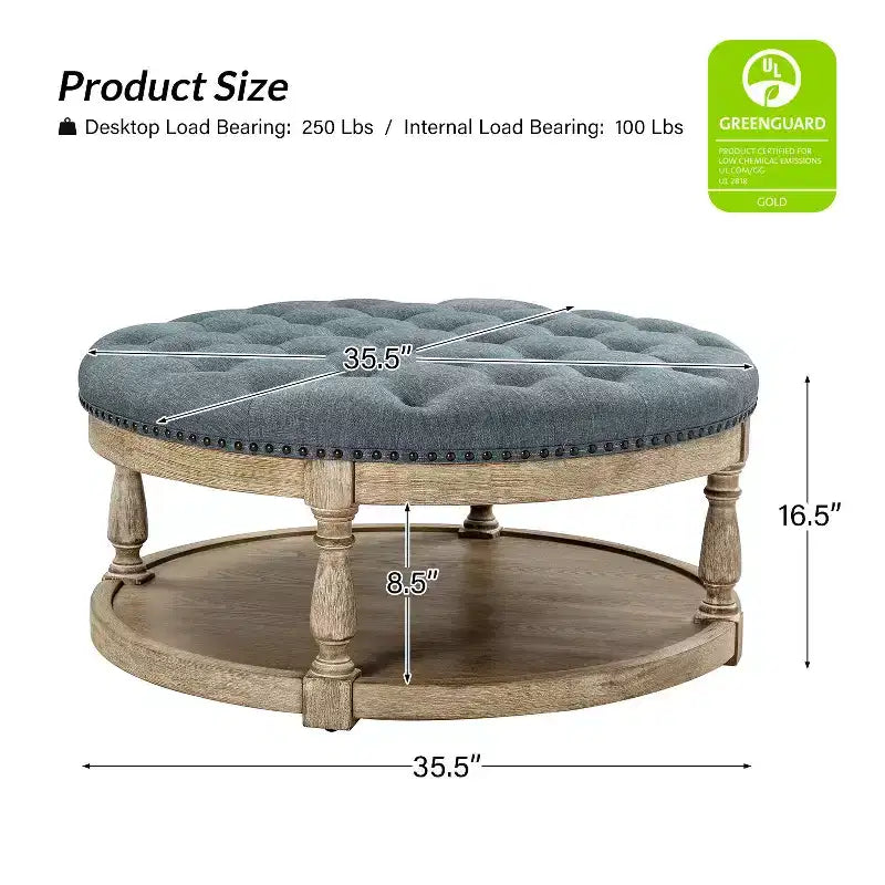 Pouf de cocktail rond touffeté transitionnel large Illyria 36 avec rangement et garnitures de clous pour chambre à coucher et salon | ART OF LIVING DESIGNS