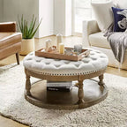Pouf de cocktail rond touffeté transitionnel large Illyria 36 avec rangement et garnitures de clous pour chambre à coucher et salon | ART OF LIVING DESIGNS