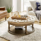 Pouf de cocktail rond touffeté transitionnel large Illyria 36 avec rangement et garnitures de clous pour chambre à coucher et salon | ART OF LIVING DESIGNS