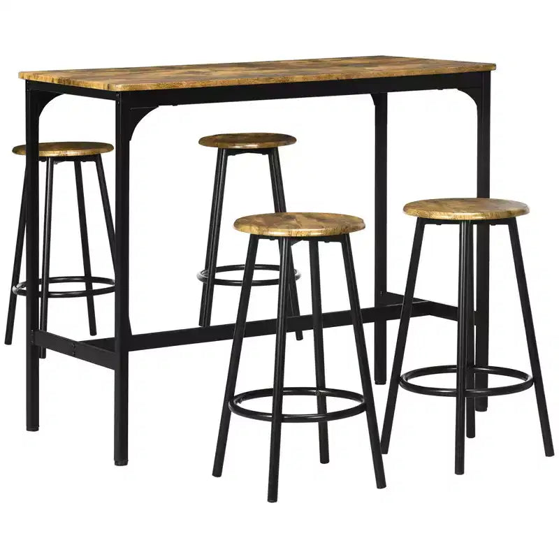 HOMCOM Ensemble 5 Pièces Table de Bar Hauteur Comptoir et Chaises, Table de Bar Rustique avec Tabourets, Table de Cuisine avec 4 Chaises et Plateau en Bois
