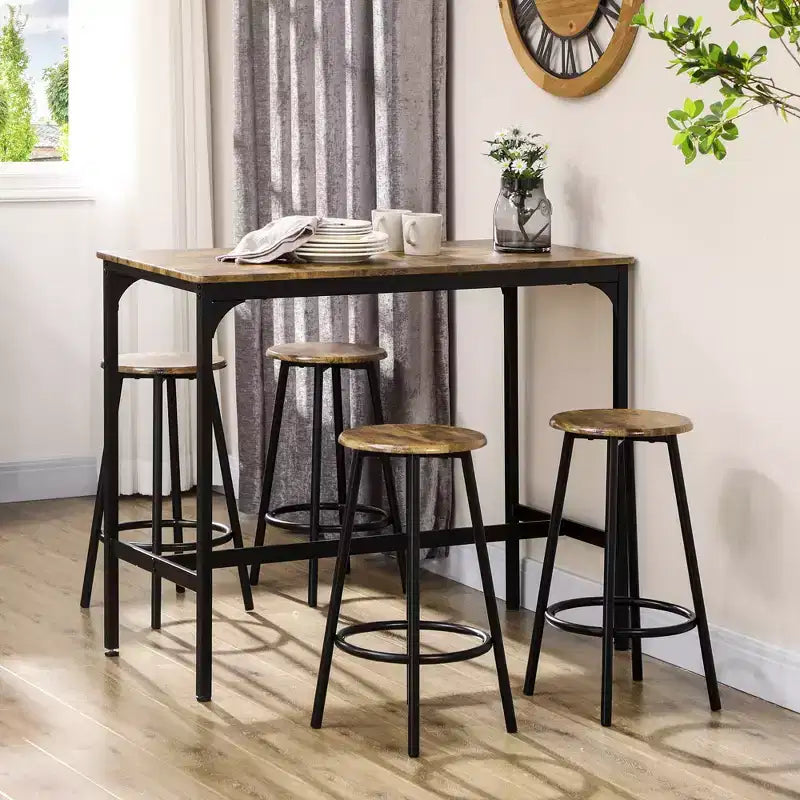 HOMCOM Ensemble 5 Pièces Table de Bar Hauteur Comptoir et Chaises, Table de Bar Rustique avec Tabourets, Table de Cuisine avec 4 Chaises et Plateau en Bois