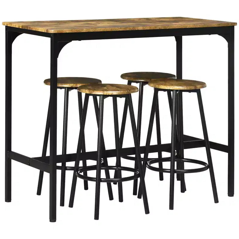 HOMCOM Ensemble 5 Pièces Table de Bar Hauteur Comptoir et Chaises, Table de Bar Rustique avec Tabourets, Table de Cuisine avec 4 Chaises et Plateau en Bois