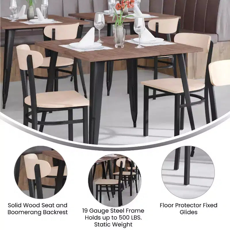 Chaise de salle à manger industrielle Emma and Oliver avec cadre en acier laminé et assise en bois massif – Capacité de poids statique de 500 lb