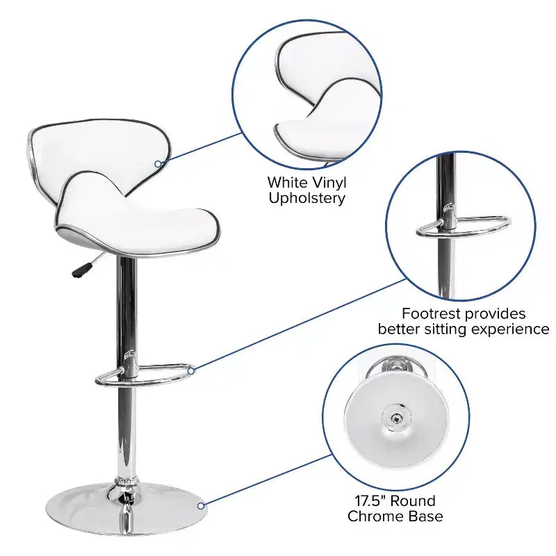 Lot de 2 tabourets de bar contemporains confortables Emma et Oliver avec dossier mi-haut en vinyle, réglables en hauteur avec piètement chromé