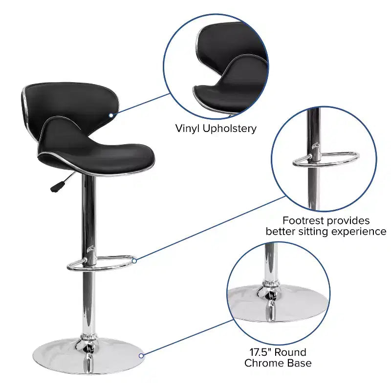 Lot de 2 tabourets de bar contemporains confortables Emma et Oliver avec dossier mi-haut en vinyle, réglables en hauteur avec piètement chromé