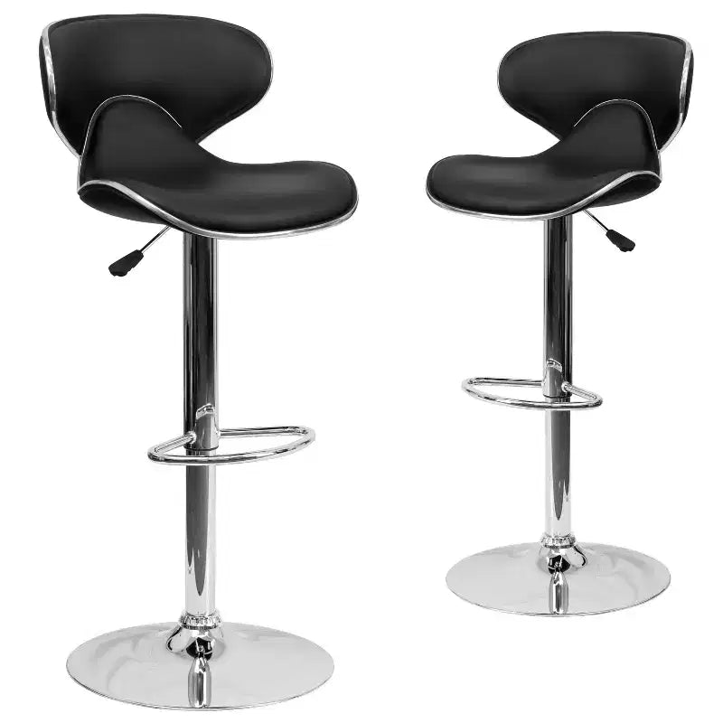 Lot de 2 tabourets de bar contemporains confortables Emma et Oliver avec dossier mi-haut en vinyle, réglables en hauteur avec piètement chromé
