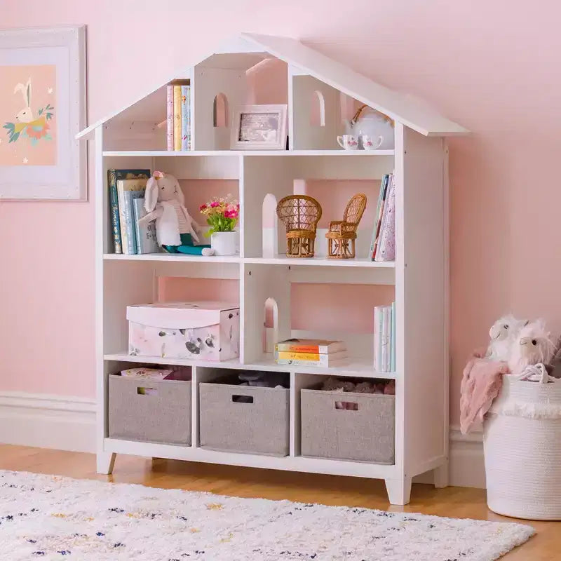 Étagère-bibliothèque de luxe pour maison de poupées Martha Stewart Kids : Bibliothèque et organisateur de jouets en bois pour chambre d'enfant avec bacs de rangement
