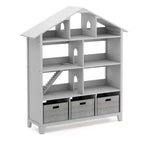 Étagère-bibliothèque de luxe pour maison de poupées Martha Stewart Kids : Bibliothèque et organisateur de jouets en bois pour chambre d'enfant avec bacs de rangement