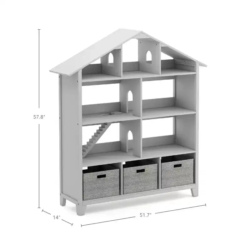 Étagère-bibliothèque de luxe pour maison de poupées Martha Stewart Kids : Bibliothèque et organisateur de jouets en bois pour chambre d'enfant avec bacs de rangement