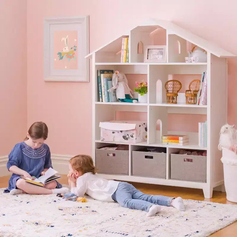 Étagère-bibliothèque de luxe pour maison de poupées Martha Stewart Kids : Bibliothèque et organisateur de jouets en bois pour chambre d'enfant avec bacs de rangement