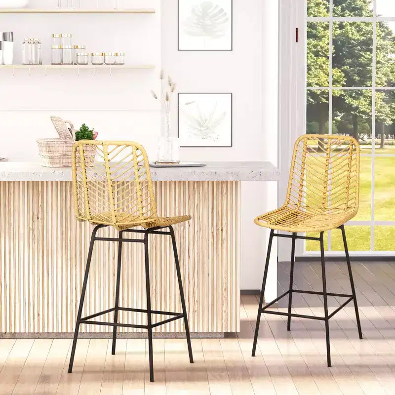 HOMCOM Lot de 4 tabourets de bar modernes en rotin, tabourets de bar en osier respirant avec base en acier pour comptoir de cuisine, jaune