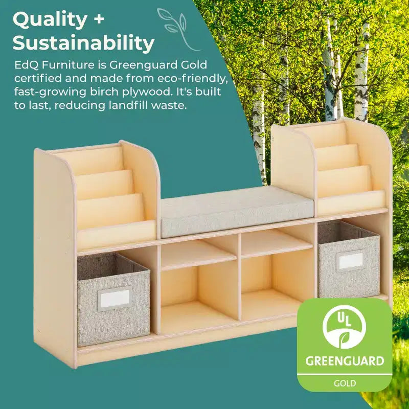 Guidecraft EdQ Nook de lecture : Meuble pour enfants en bois avec bacs de rangement et siège rembourré, banc de lecture et étagère à livres