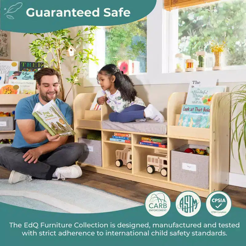 Guidecraft EdQ Nook de lecture : Meuble pour enfants en bois avec bacs de rangement et siège rembourré, banc de lecture et étagère à livres