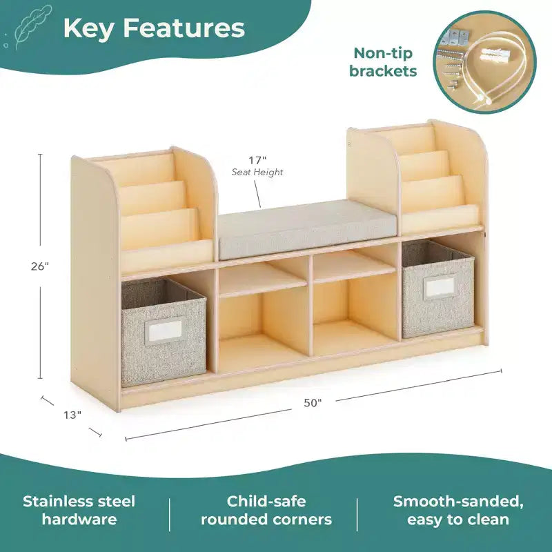 Guidecraft EdQ Nook de lecture : Meuble pour enfants en bois avec bacs de rangement et siège rembourré, banc de lecture et étagère à livres