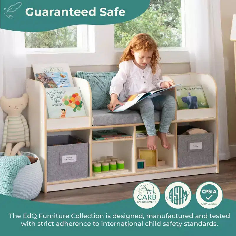 Guidecraft EdQ Nook de lecture : Meuble pour enfants en bois avec bacs de rangement et siège rembourré, banc de lecture et étagère à livres