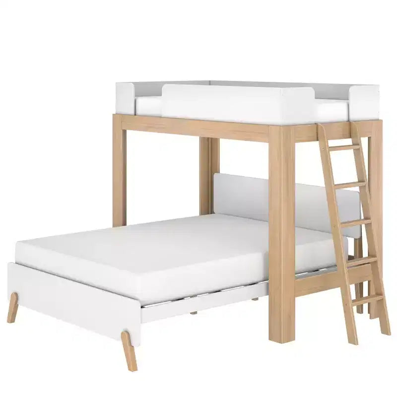 Lit superposé en L Max & Lily, style mi-siècle, deux places au-dessus d'un grand lit, en bois massif
