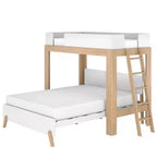 Lit superposé en L Max & Lily, style mi-siècle, deux places au-dessus d'un grand lit, en bois massif
