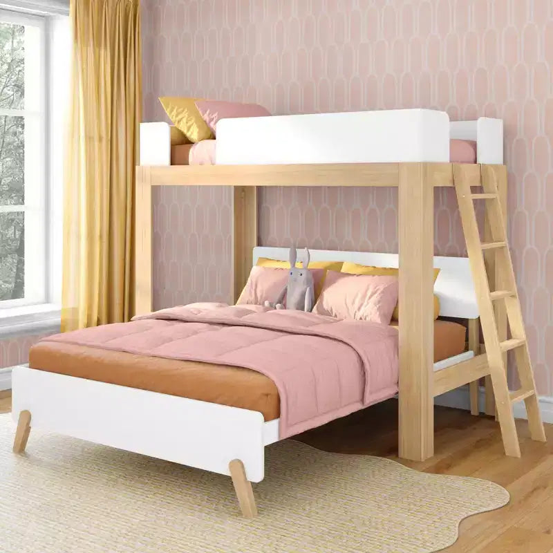 Lit superposé en L Max & Lily, style mi-siècle, deux places au-dessus d'un grand lit, en bois massif