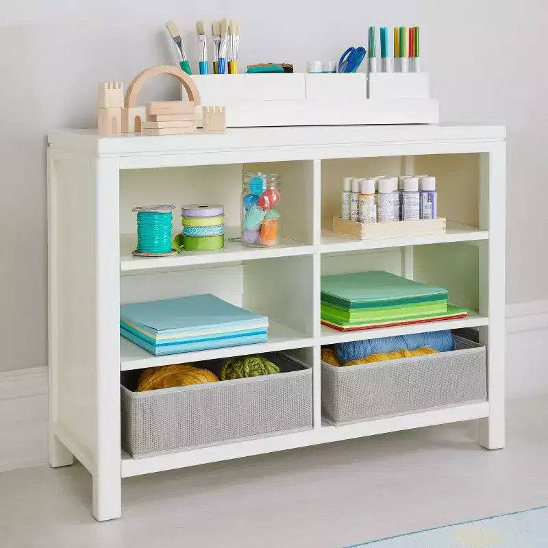 Martha Stewart Loisirs Créatifs – Rangement double ouvert pour enfants : Organisateur de fournitures d'art et d'artisanat en bois pour enfants avec bacs de rangement en tissu