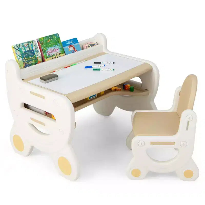 Table et chaise de dessin pour enfants Costway pour la lecture et les jeux avec stylos et tableau noir effaceur bleu/marron
