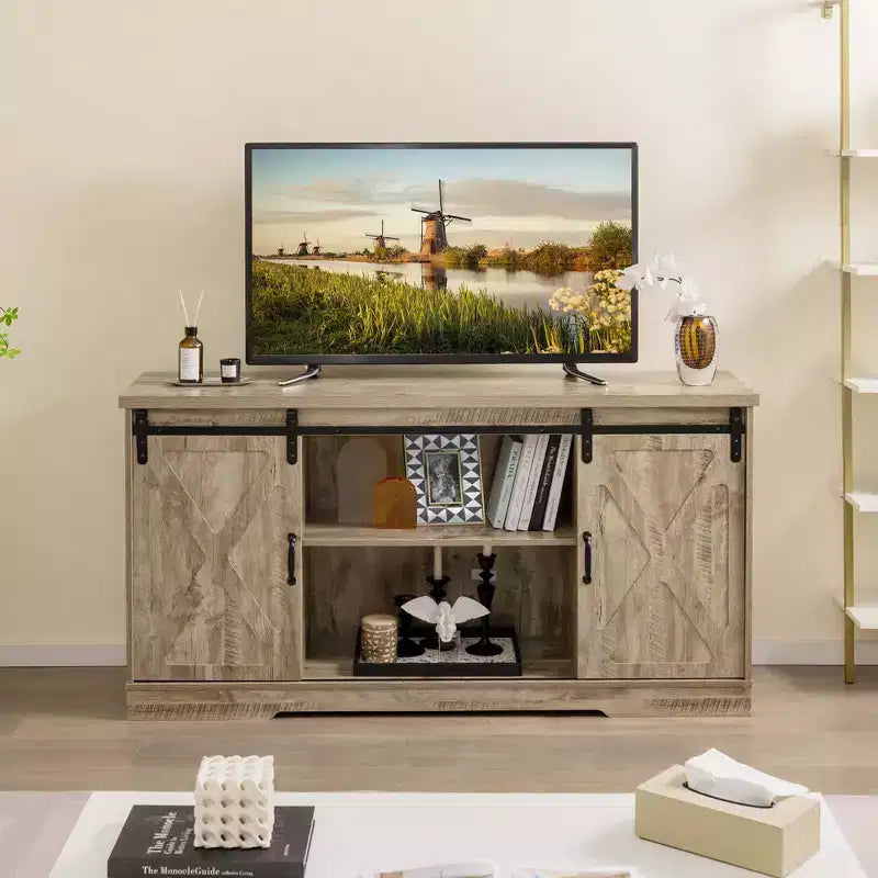 Meuble TV Costway, style ferme, avec portes coulissantes et étagères réglables, pour téléviseurs jusqu'à 65 pouces