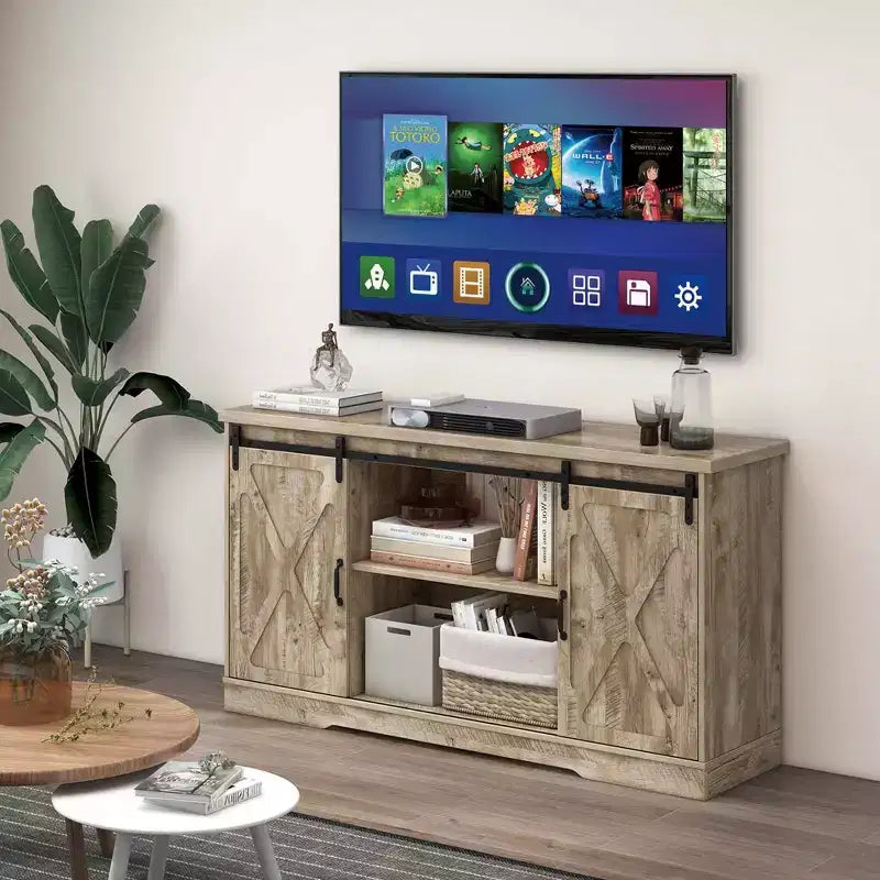 Meuble TV Costway, style ferme, avec portes coulissantes et étagères réglables, pour téléviseurs jusqu'à 65 pouces