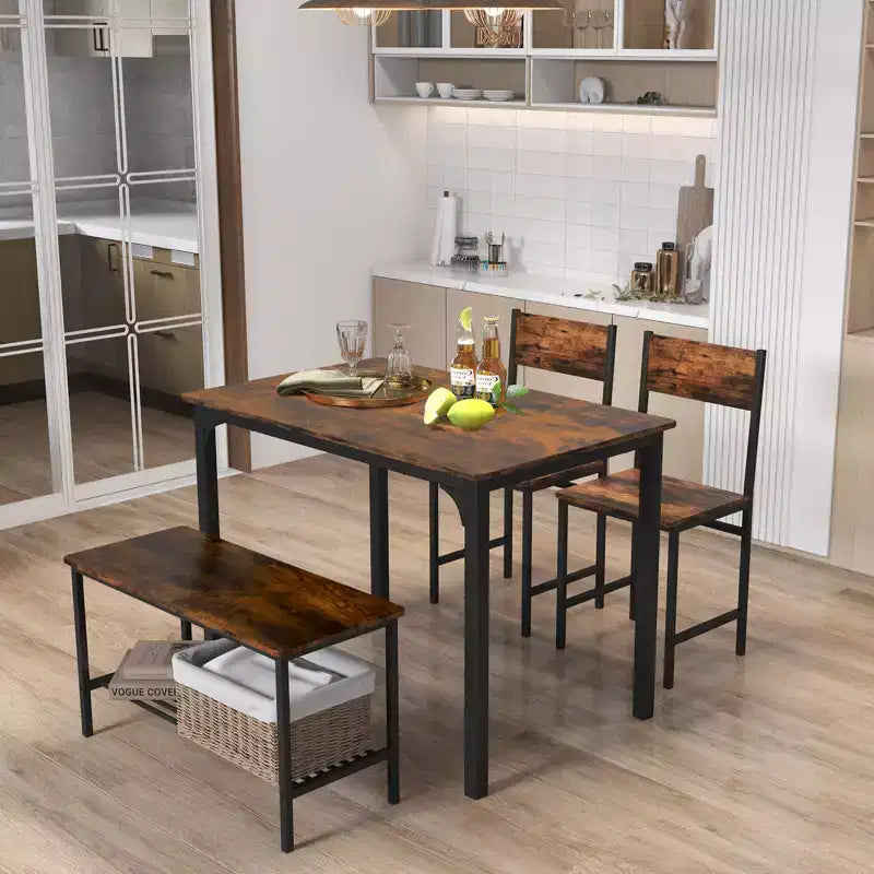 Costway Ensemble Table à Manger 4 Pièces Bureau Rustique 2 Chaises et Banc avec Étagère de Rangement Marron/Gris/Café