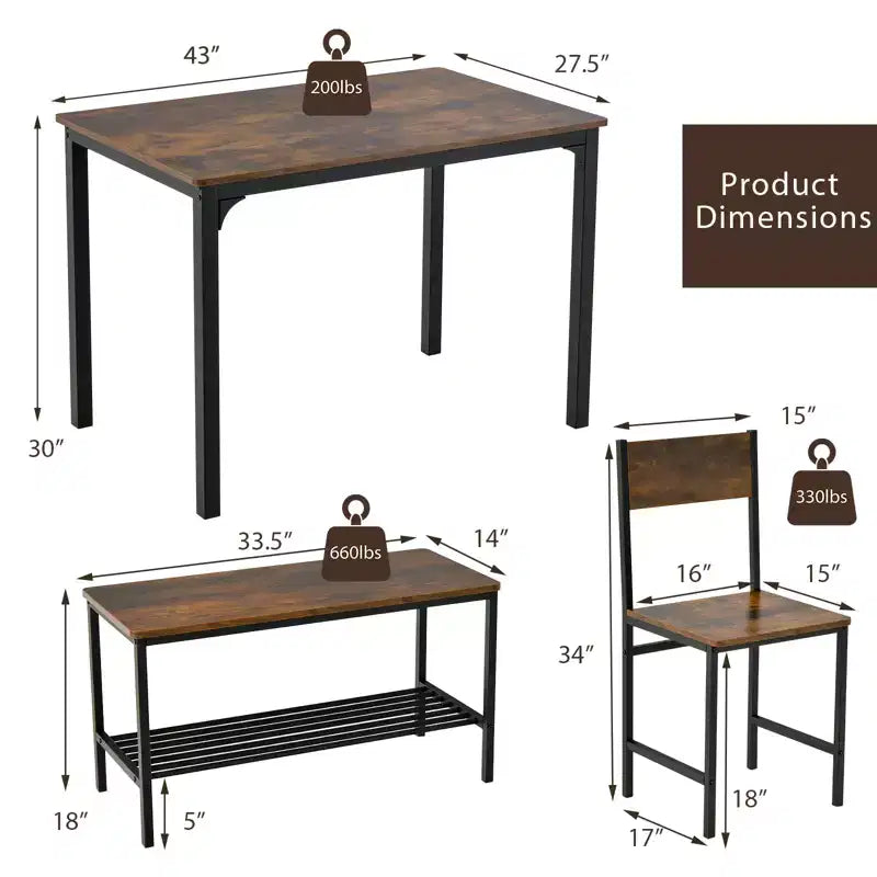 Costway Ensemble Table à Manger 4 Pièces Bureau Rustique 2 Chaises et Banc avec Étagère de Rangement Marron/Gris/Café