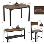 Costway Ensemble Table à Manger 4 Pièces Bureau Rustique 2 Chaises et Banc avec Étagère de Rangement Marron/Gris/Café
