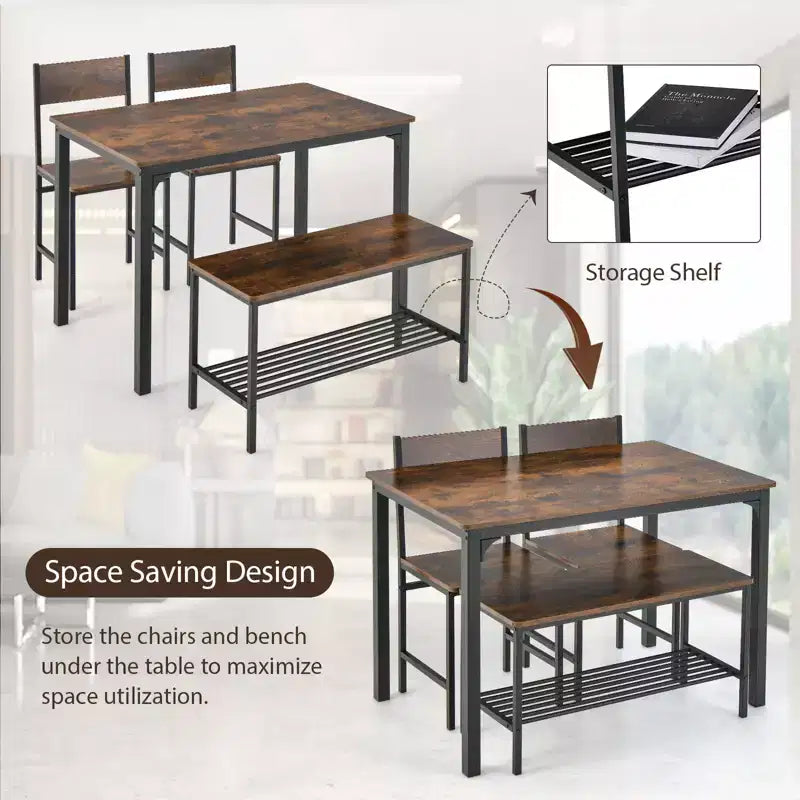 Costway Ensemble Table à Manger 4 Pièces Bureau Rustique 2 Chaises et Banc avec Étagère de Rangement Marron/Gris/Café