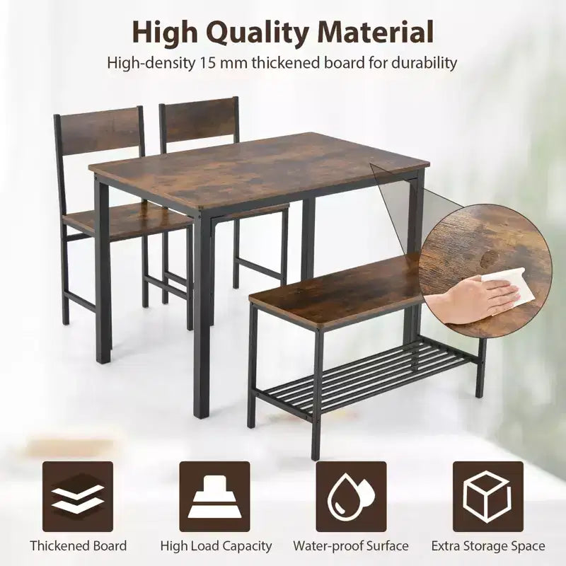 Costway Ensemble Table à Manger 4 Pièces Bureau Rustique 2 Chaises et Banc avec Étagère de Rangement Marron/Gris/Café