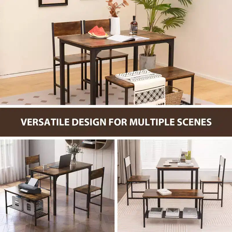 Costway Ensemble Table à Manger 4 Pièces Bureau Rustique 2 Chaises et Banc avec Étagère de Rangement Marron/Gris/Café
