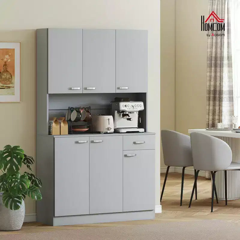 HOMCOM Buffet sur pied 180 cm avec huche, garde-manger de cuisine, armoire avec 6 portes, 3 étagères réglables et 1 tiroir
