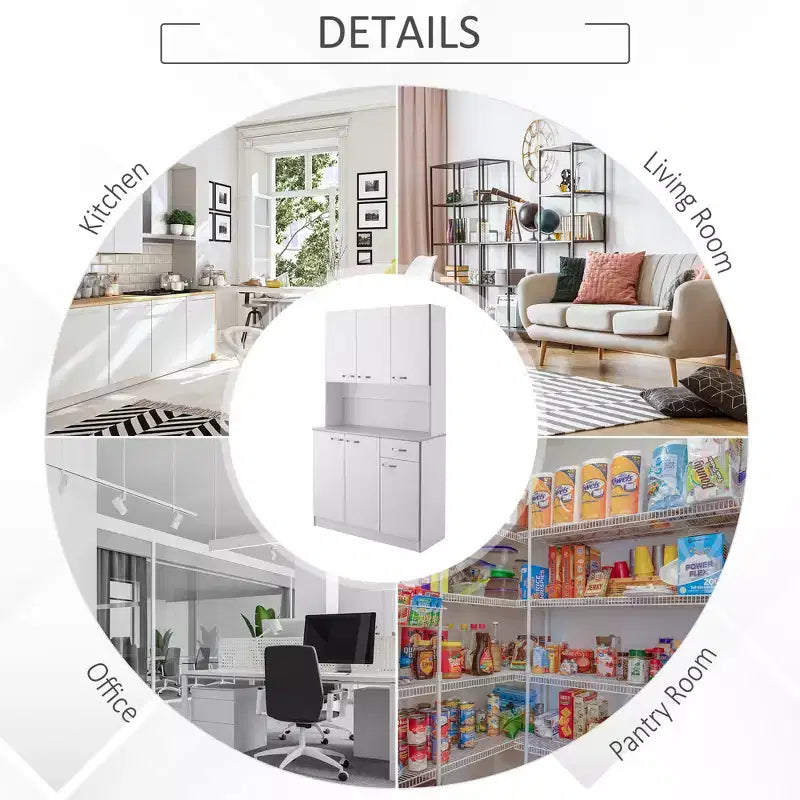 HOMCOM Buffet sur pied 180 cm avec huche, garde-manger de cuisine, armoire avec 6 portes, 3 étagères réglables et 1 tiroir
