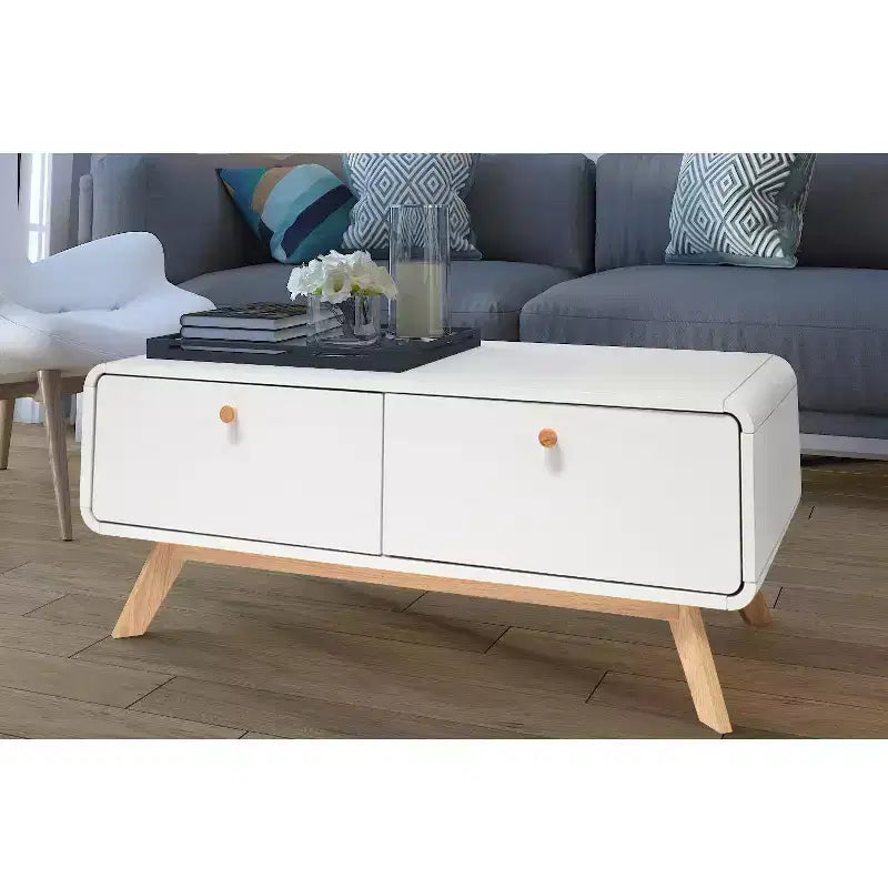 Ren Home Leva Meuble TV Scandinave Courbé 2 Tiroirs, Blanc
