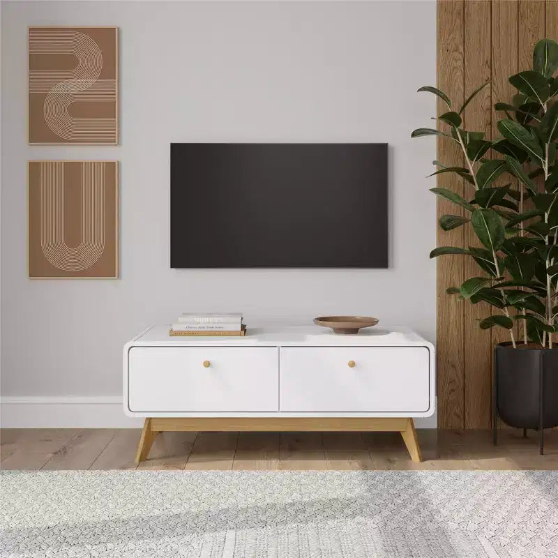 Ren Home Leva Meuble TV Scandinave Courbé 2 Tiroirs, Blanc